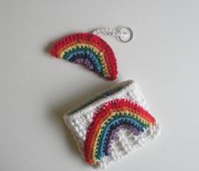 Rainbow Wallet and Keychain Set, white cotton with star print lining, ready to ship.