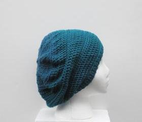 Dark Teal Two Tone Crochet Slouch Hat, ready to ship