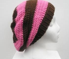 Pink and Brown Striped Crochet Slouch Hat, ready to ship.
